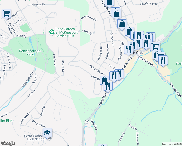 map of restaurants, bars, coffee shops, grocery stores, and more near 208 Cool Springs Road in White Oak