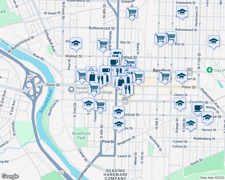 map of restaurants, bars, coffee shops, grocery stores, and more near 450 Penn Street in Reading