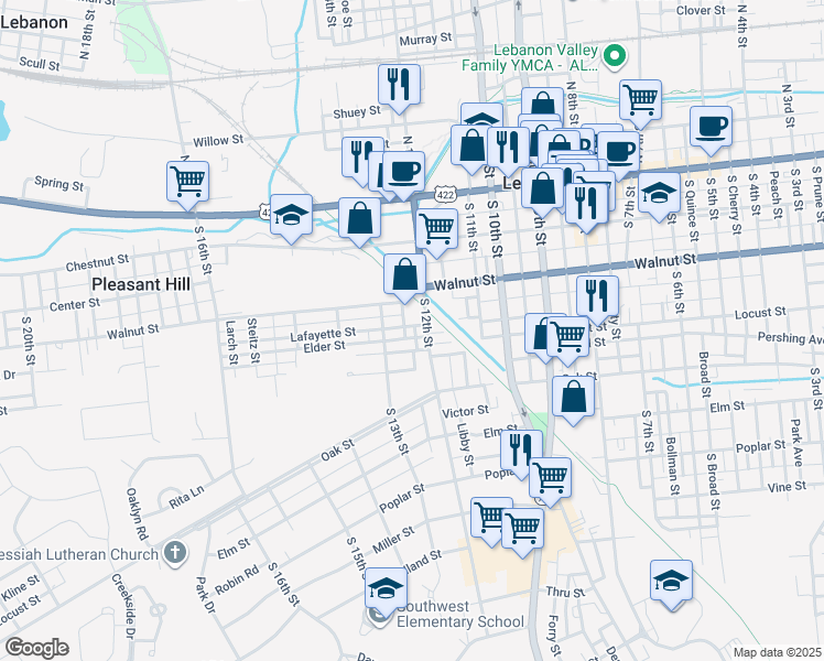 map of restaurants, bars, coffee shops, grocery stores, and more near 1220 Lafayette Street in Lebanon