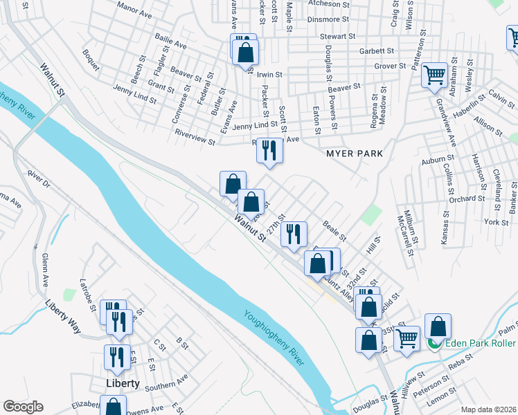 map of restaurants, bars, coffee shops, grocery stores, and more near 325 26th Street in McKeesport