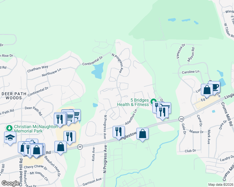 map of restaurants, bars, coffee shops, grocery stores, and more near 202 North Timber Court in Harrisburg