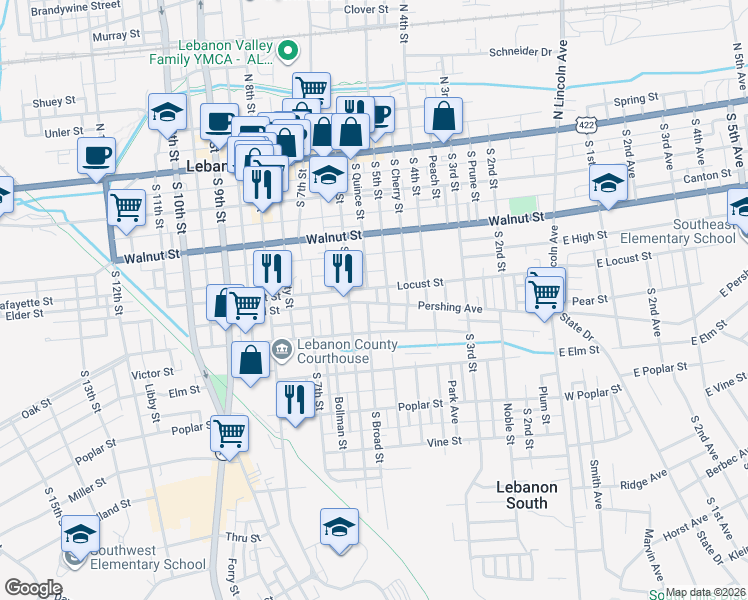 map of restaurants, bars, coffee shops, grocery stores, and more near 311 South 5th Street in Lebanon