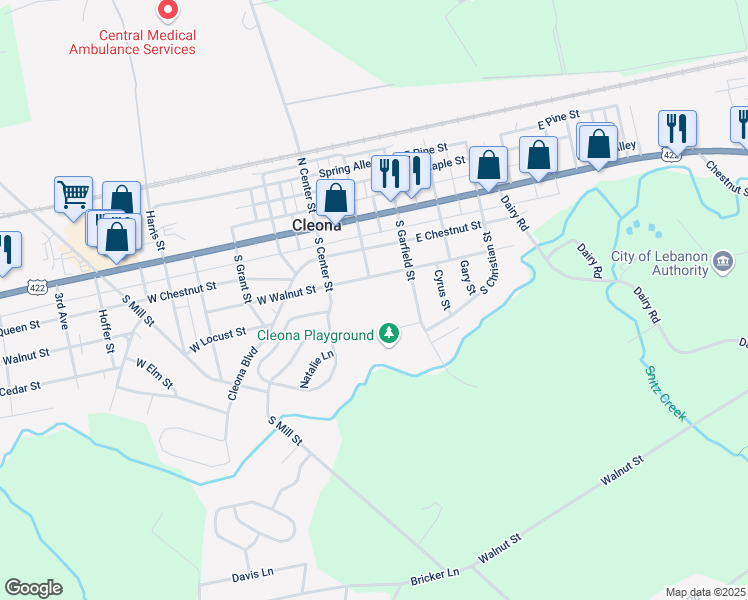 map of restaurants, bars, coffee shops, grocery stores, and more near 50 Walnut Street East in Cleona