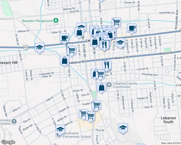 map of restaurants, bars, coffee shops, grocery stores, and more near 252 South Partridge Street in Lebanon