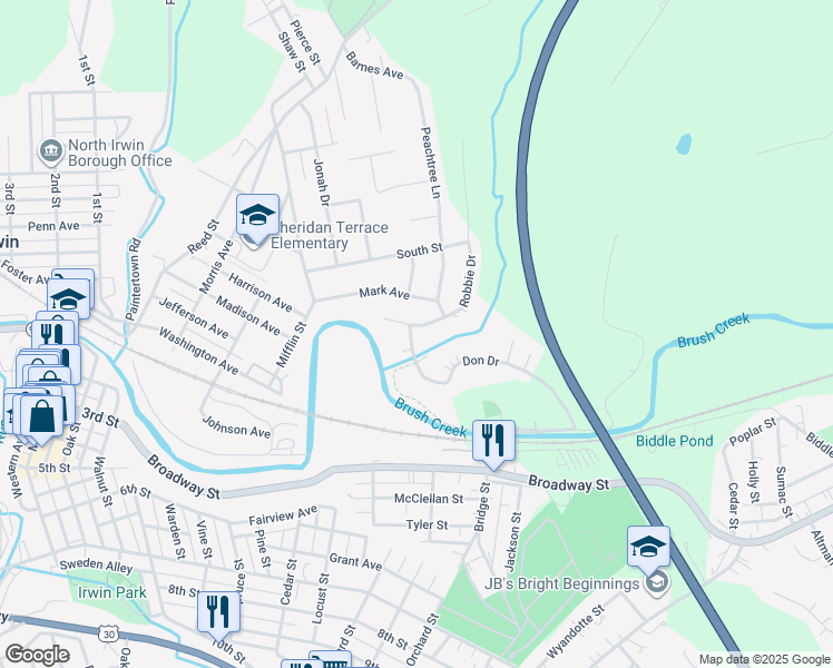 map of restaurants, bars, coffee shops, grocery stores, and more near 9860 Joan Drive in Irwin