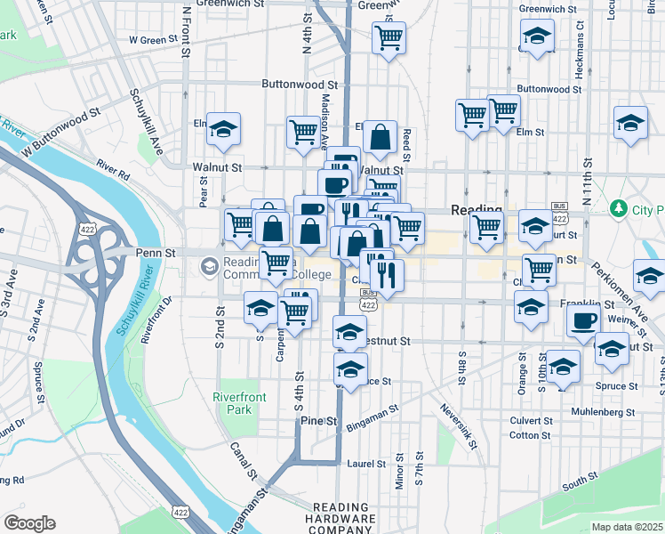 map of restaurants, bars, coffee shops, grocery stores, and more near 450 Penn Street in Reading