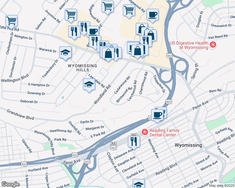 map of restaurants, bars, coffee shops, grocery stores, and more near 34 Cedarwood Road in Wyomissing