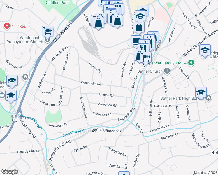 map of restaurants, bars, coffee shops, grocery stores, and more near 3233 Comanche Road in Pittsburgh