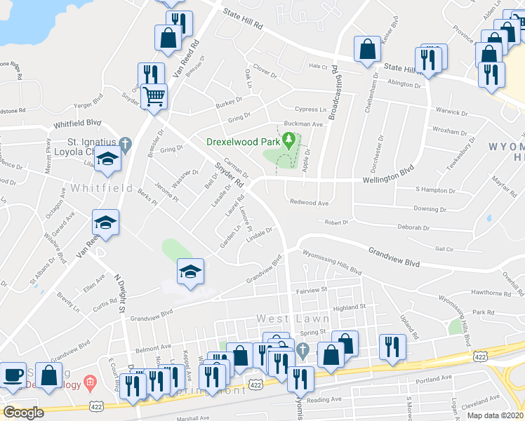 map of restaurants, bars, coffee shops, grocery stores, and more near 516 Snyder Road in Reading