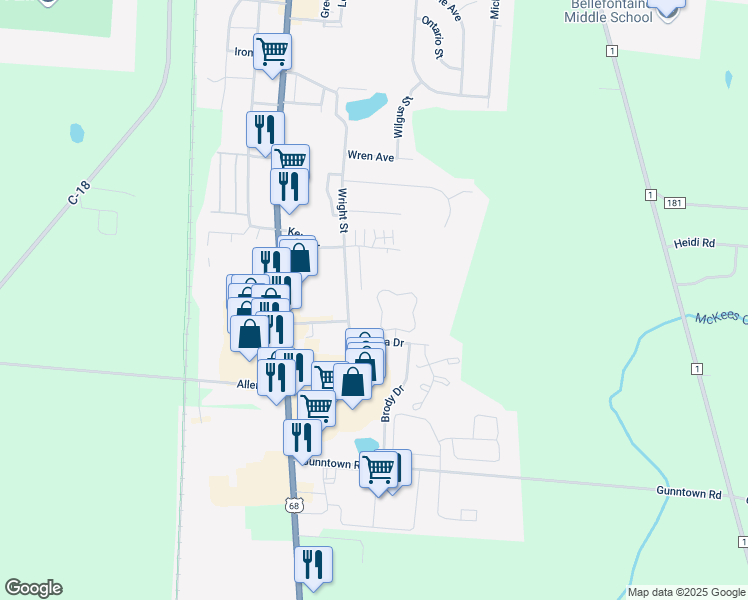 map of restaurants, bars, coffee shops, grocery stores, and more near 429 Woodside Place in Bellefontaine