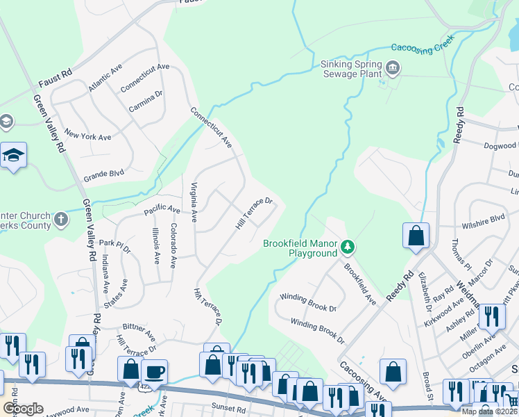 map of restaurants, bars, coffee shops, grocery stores, and more near 4152 Hill Terrace Dr in Sinking Spring
