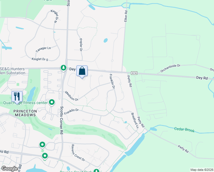 map of restaurants, bars, coffee shops, grocery stores, and more near 5 Madison Drive in Plainsboro Township