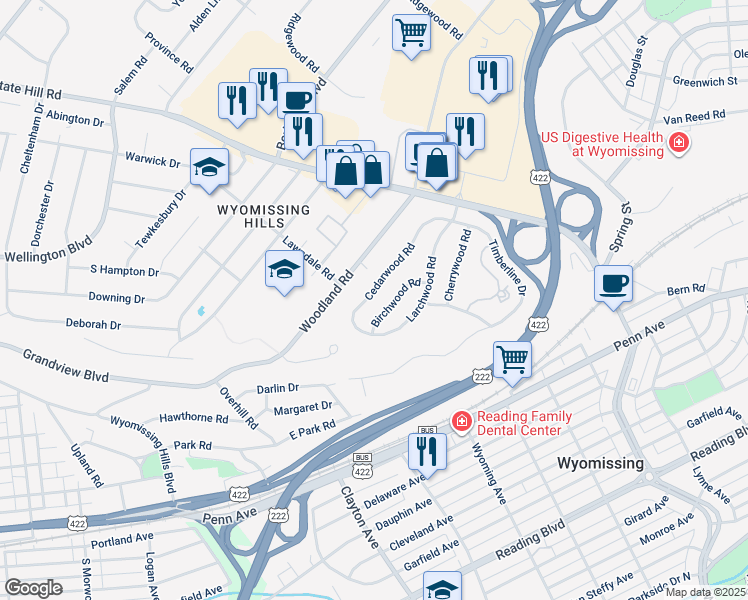 map of restaurants, bars, coffee shops, grocery stores, and more near 34 Cedarwood Road in Wyomissing