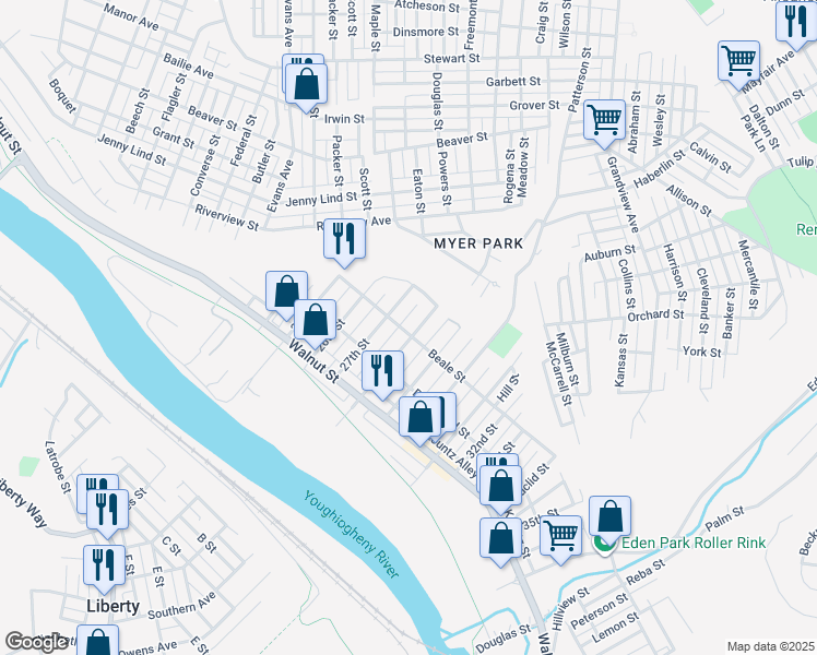 map of restaurants, bars, coffee shops, grocery stores, and more near 431 28th Street in McKeesport