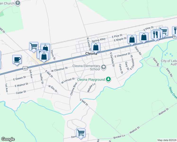 map of restaurants, bars, coffee shops, grocery stores, and more near 14 West Walnut Street in Cleona
