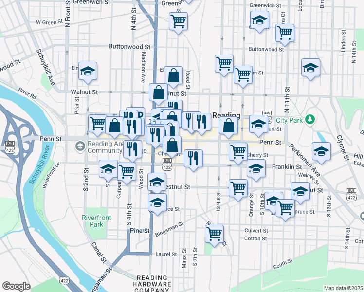 map of restaurants, bars, coffee shops, grocery stores, and more near 600 Penn Street in Reading