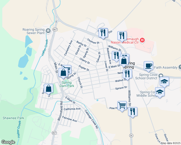 map of restaurants, bars, coffee shops, grocery stores, and more near 600-602 East Main Street in Roaring Spring