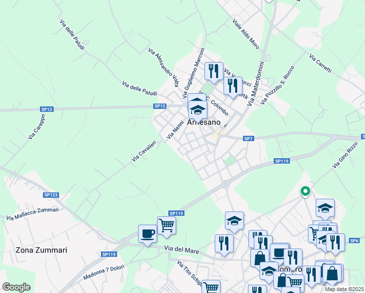 map of restaurants, bars, coffee shops, grocery stores, and more near 65 Via Petrelli in Arnesano