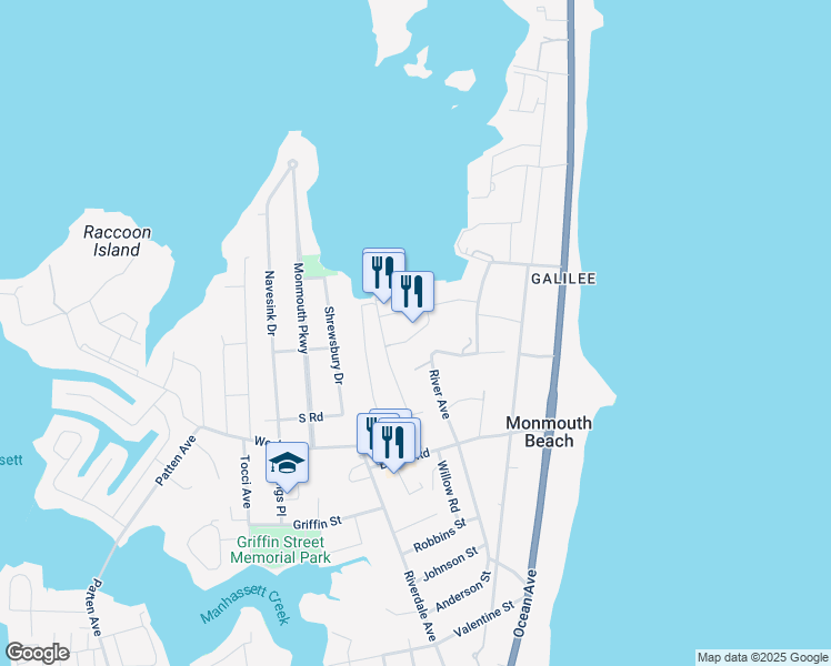 map of restaurants, bars, coffee shops, grocery stores, and more near 1201 Channel Drive in Monmouth Beach