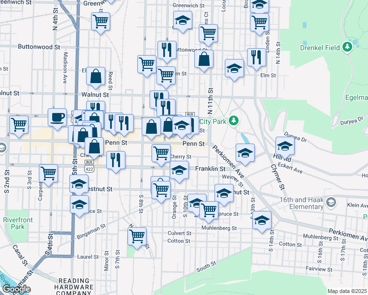 map of restaurants, bars, coffee shops, grocery stores, and more near 1000 Penn Street in Reading