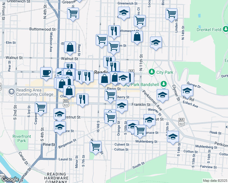map of restaurants, bars, coffee shops, grocery stores, and more near 916 Penn Street in Reading