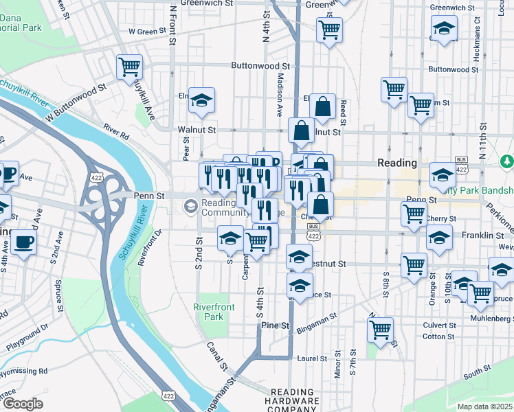 map of restaurants, bars, coffee shops, grocery stores, and more near 4 South 4th Street in Reading