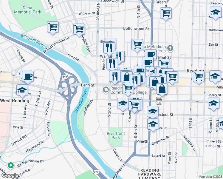 map of restaurants, bars, coffee shops, grocery stores, and more near 218 Penn Street in Reading