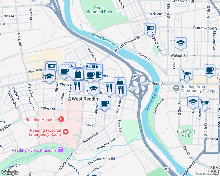 map of restaurants, bars, coffee shops, grocery stores, and more near 300 U.S. 422 Business in West Reading