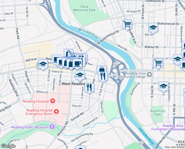 map of restaurants, bars, coffee shops, grocery stores, and more near 300 U.S. 422 Business in West Reading