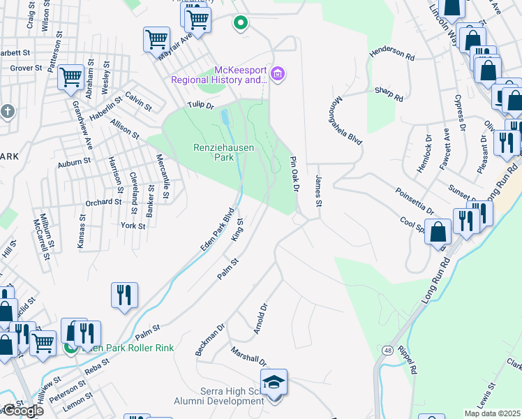 map of restaurants, bars, coffee shops, grocery stores, and more near 763 King Street in McKeesport
