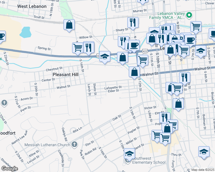 map of restaurants, bars, coffee shops, grocery stores, and more near 220 South 15th Street in Lebanon