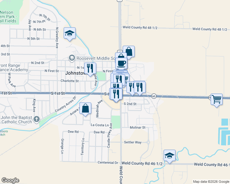 map of restaurants, bars, coffee shops, grocery stores, and more near 113 West South 1st Street in Johnstown