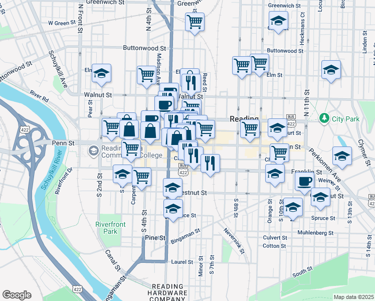 map of restaurants, bars, coffee shops, grocery stores, and more near 540 Penn Street in Reading