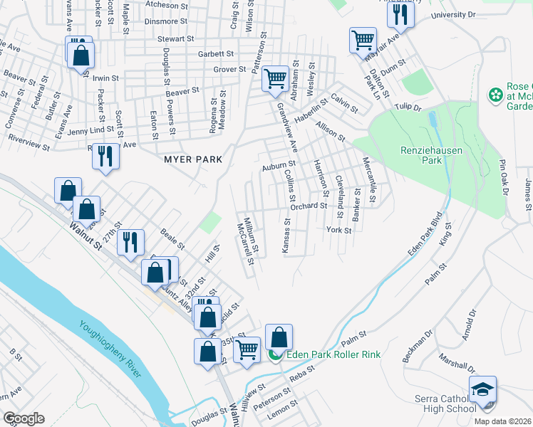 map of restaurants, bars, coffee shops, grocery stores, and more near 3300 Orchard Street in McKeesport