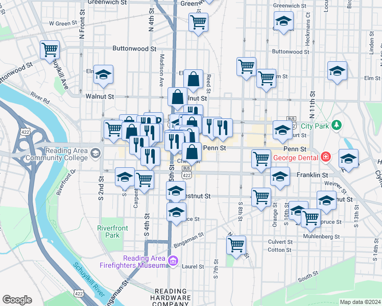 map of restaurants, bars, coffee shops, grocery stores, and more near 540 Penn Street in Reading
