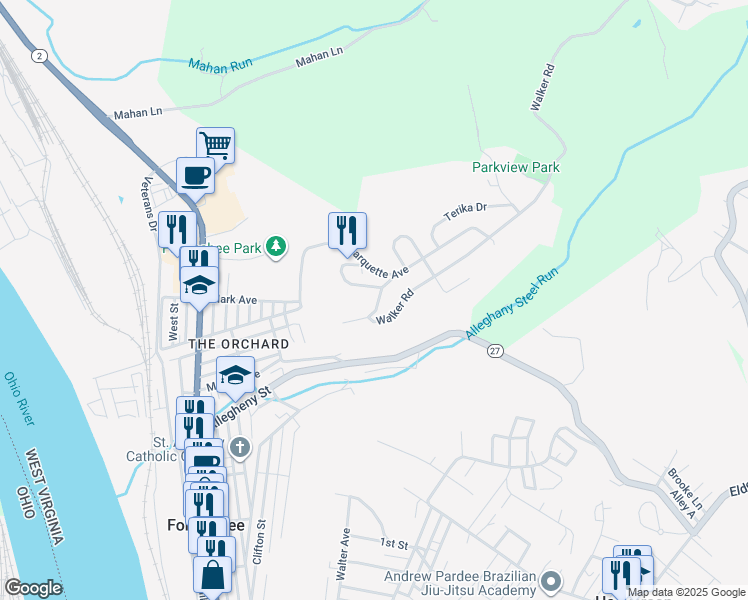 map of restaurants, bars, coffee shops, grocery stores, and more near 610 Wabash Drive in Follansbee