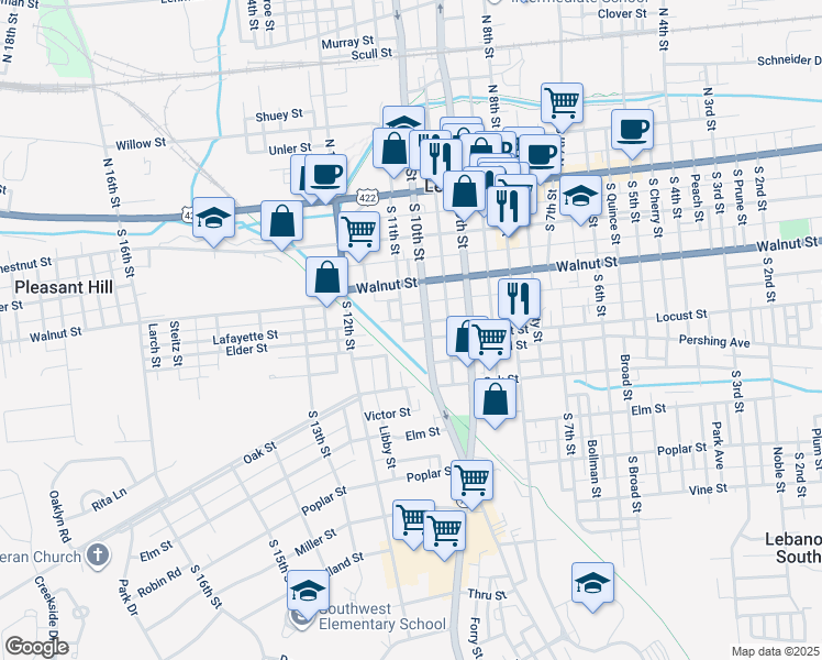 map of restaurants, bars, coffee shops, grocery stores, and more near 254 South 11th Street in Lebanon