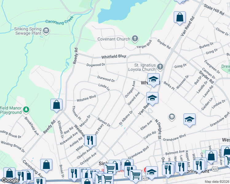 map of restaurants, bars, coffee shops, grocery stores, and more near 402 Wilshire Boulevard in Sinking Spring