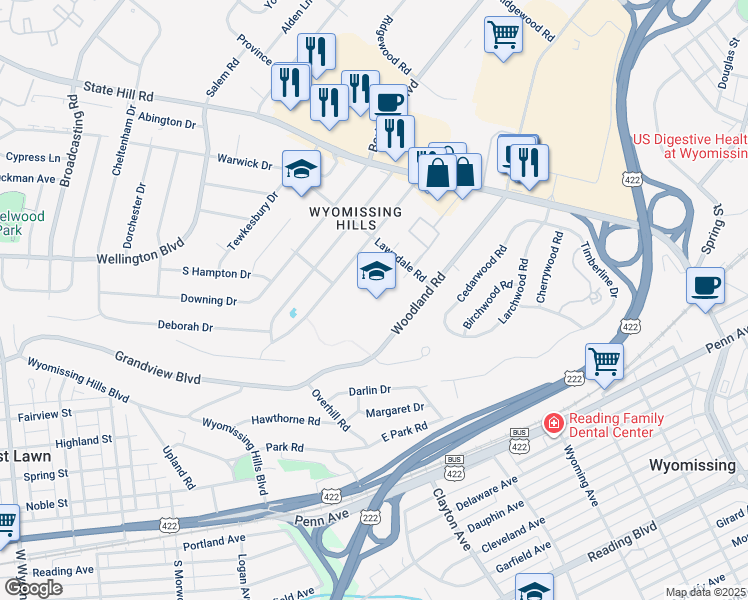 map of restaurants, bars, coffee shops, grocery stores, and more near 110 Woodland Road in Wyomissing