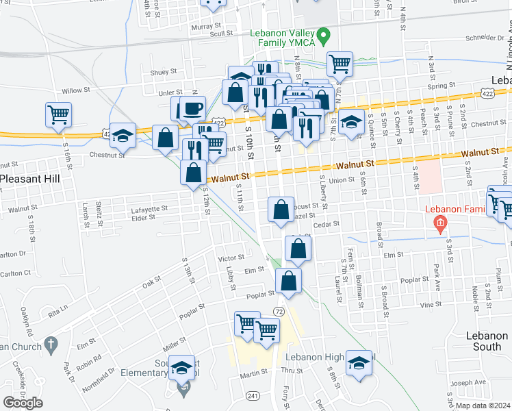 map of restaurants, bars, coffee shops, grocery stores, and more near South 10th Street in Lebanon