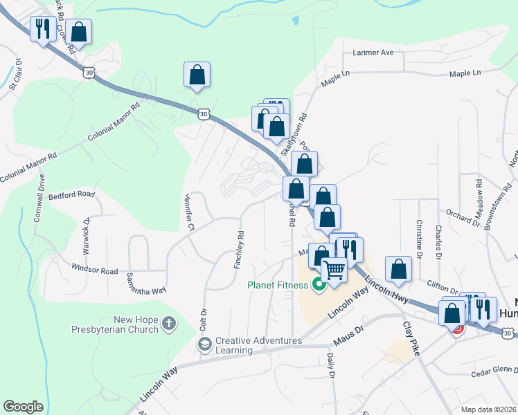 map of restaurants, bars, coffee shops, grocery stores, and more near 120 Wallace Lane in North Huntingdon