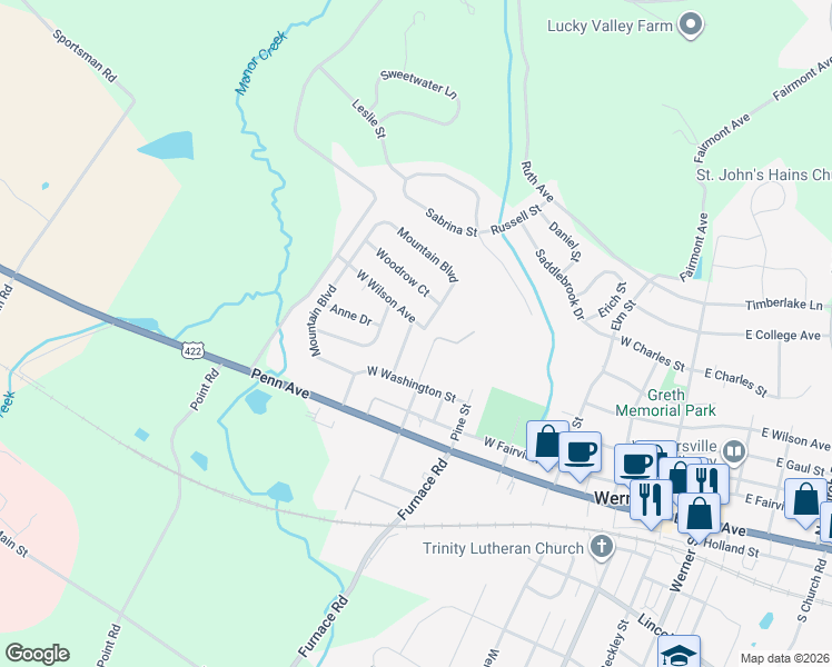 map of restaurants, bars, coffee shops, grocery stores, and more near 163 Thomas Drive in Wernersville