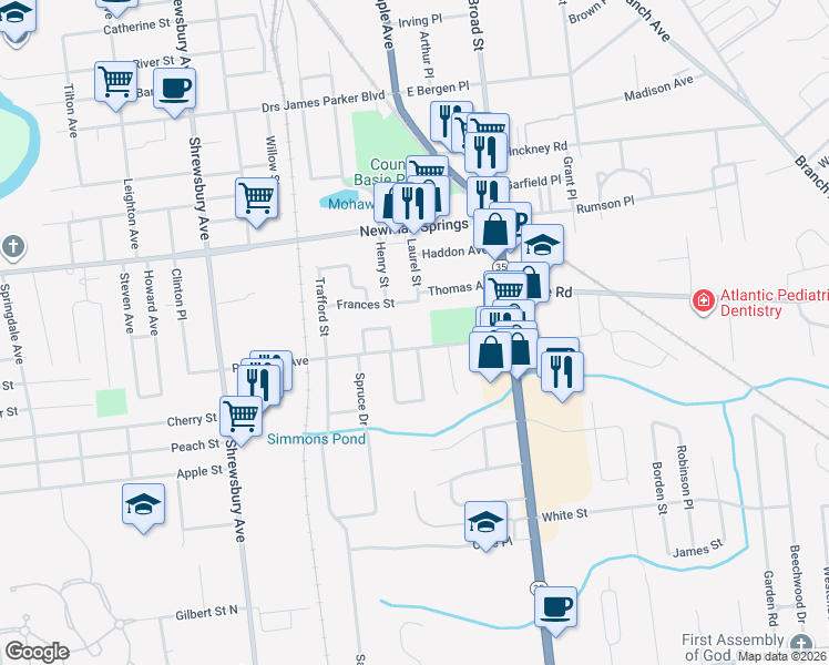 map of restaurants, bars, coffee shops, grocery stores, and more near 65 Patterson Avenue in Shrewsbury
