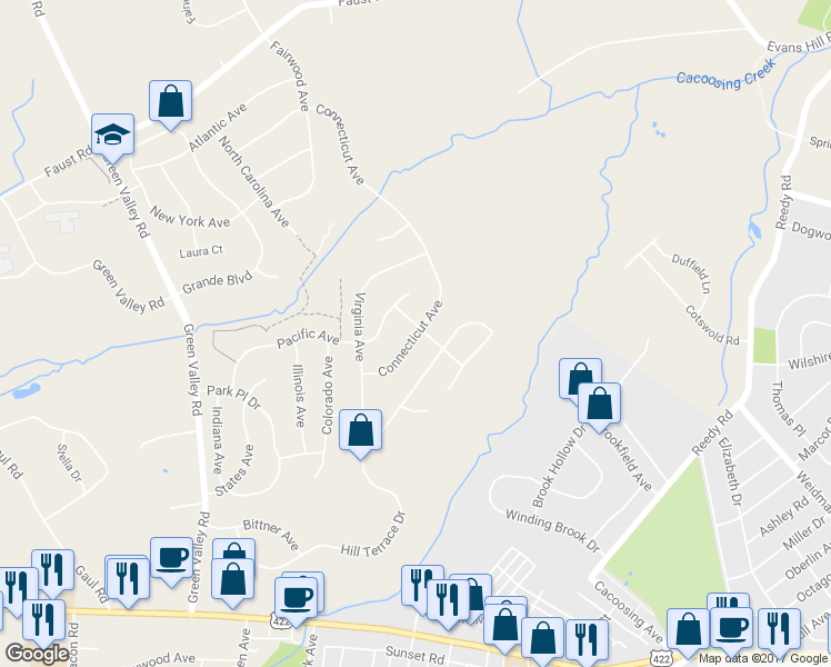 map of restaurants, bars, coffee shops, grocery stores, and more near 32 Connecticut Avenue in Reading