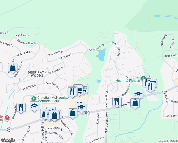 map of restaurants, bars, coffee shops, grocery stores, and more near 2400 Newtown Drive in Harrisburg