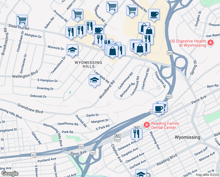 map of restaurants, bars, coffee shops, grocery stores, and more near 77 Woodland Road in Reading