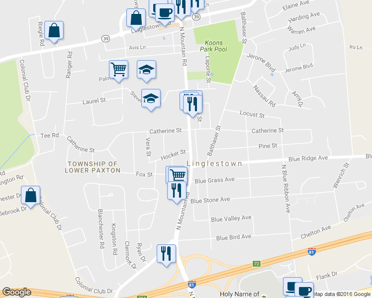 map of restaurants, bars, coffee shops, grocery stores, and more near 5960 Hocker Street in Harrisburg