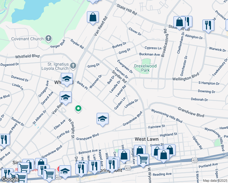 map of restaurants, bars, coffee shops, grocery stores, and more near 2314 Lasalle Dr in Reading