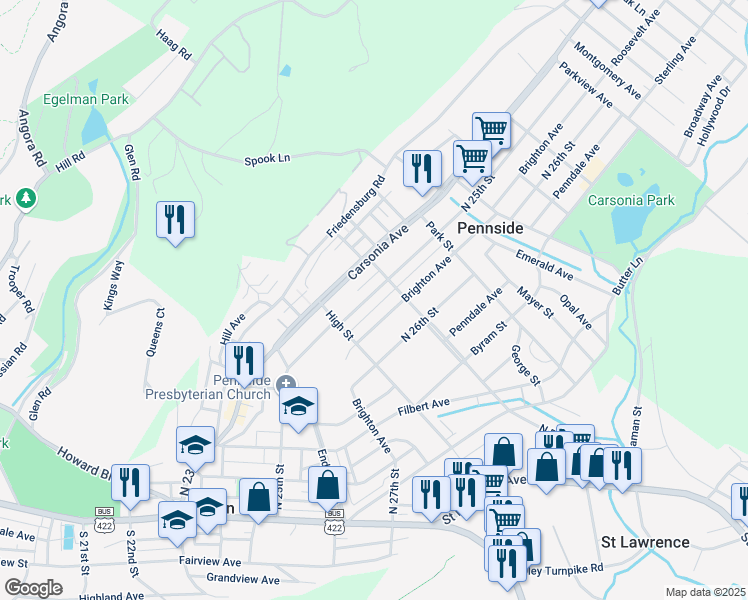 map of restaurants, bars, coffee shops, grocery stores, and more near 521 North 25th Street in Reading