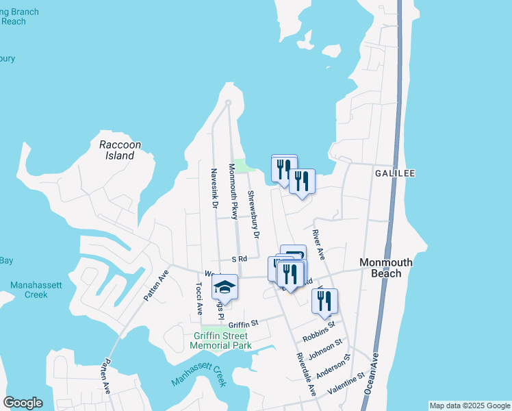 map of restaurants, bars, coffee shops, grocery stores, and more near 25 Shrewsbury Drive in Monmouth Beach